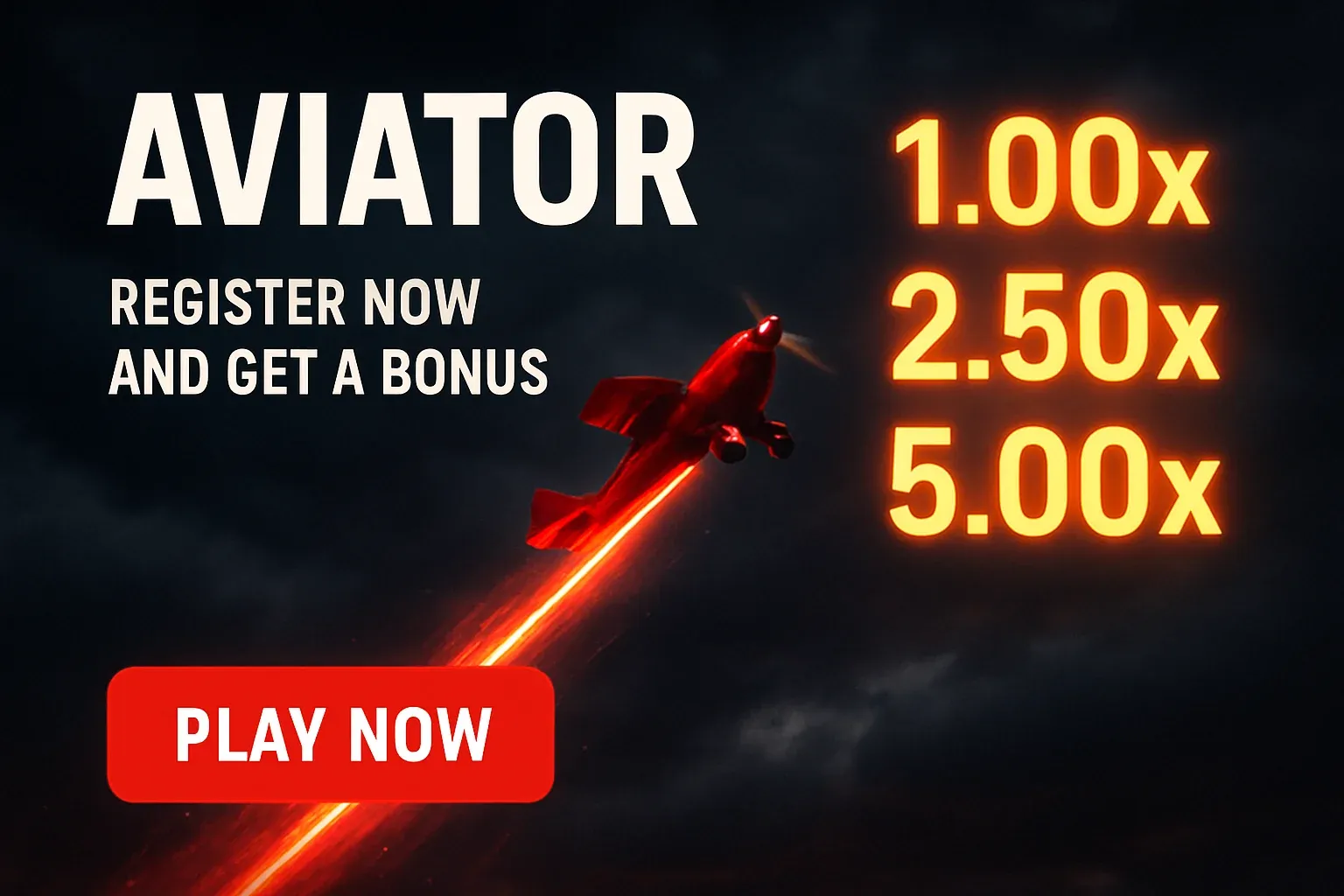 Aviator crash game banner with red plane, multipliers, and play button