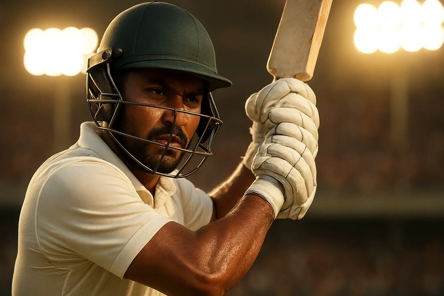 Bangladeshi male cricket batsman in white kit mid-swing under stadium lights