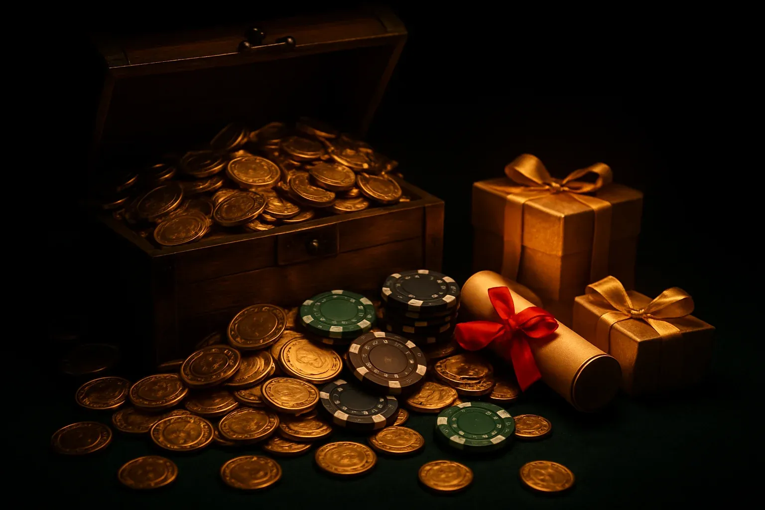 Overflowing treasure chest with coins, chips, vouchers, and glowing gift boxes