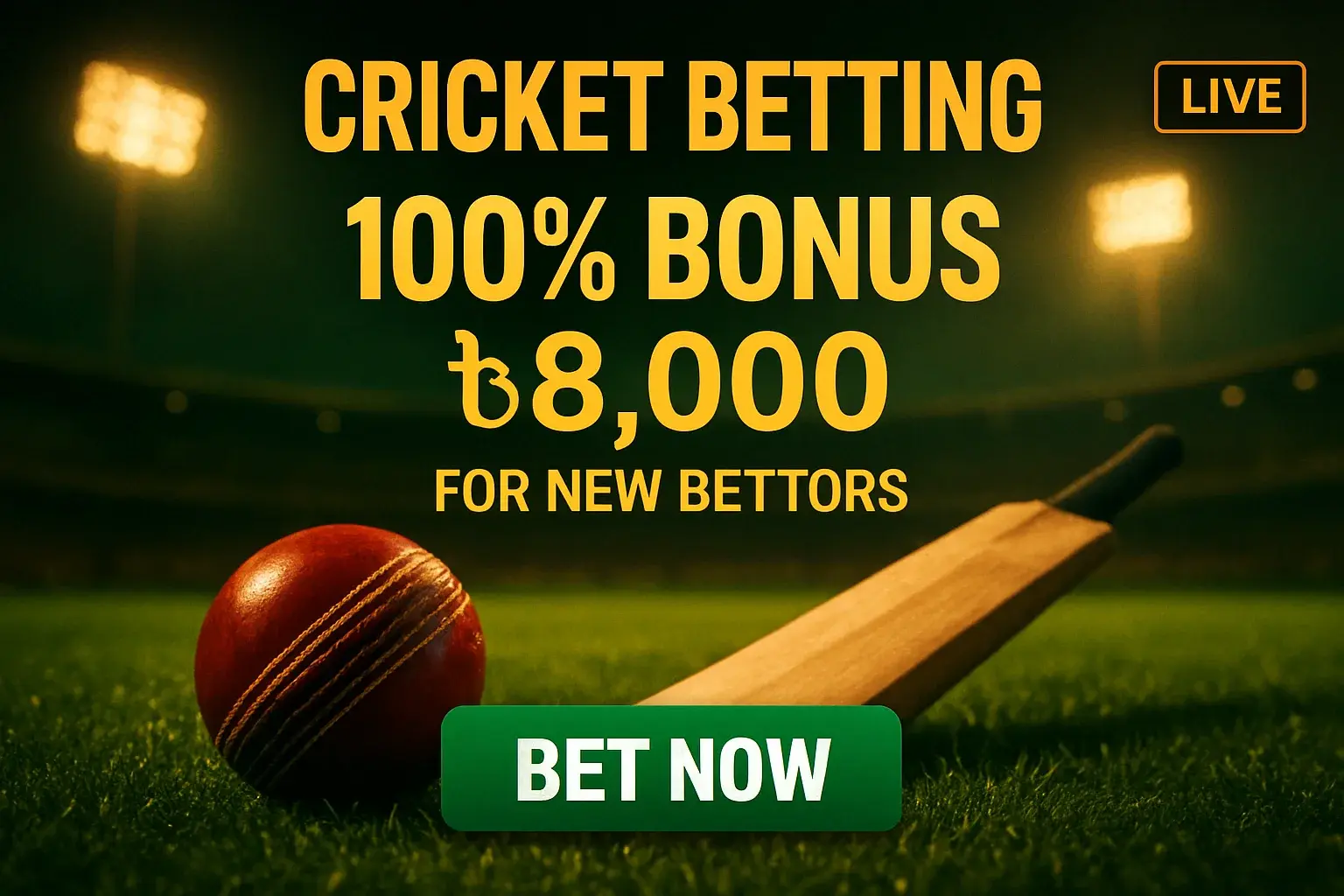 Cricket betting banner with stadium, bat, ball, bonus offer, and CTA