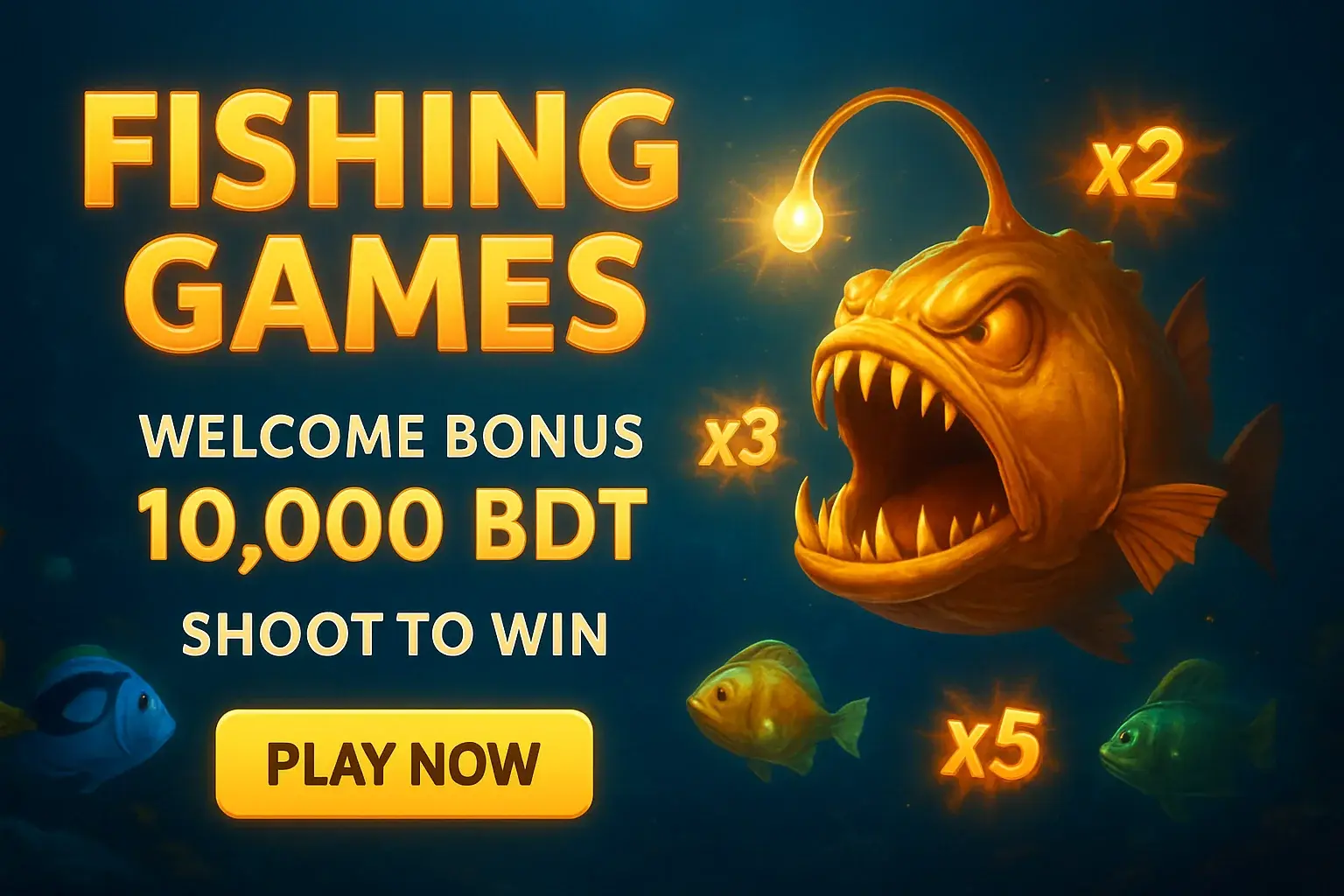 Fishing arcade banner with bonus offer, boss fish, and play button