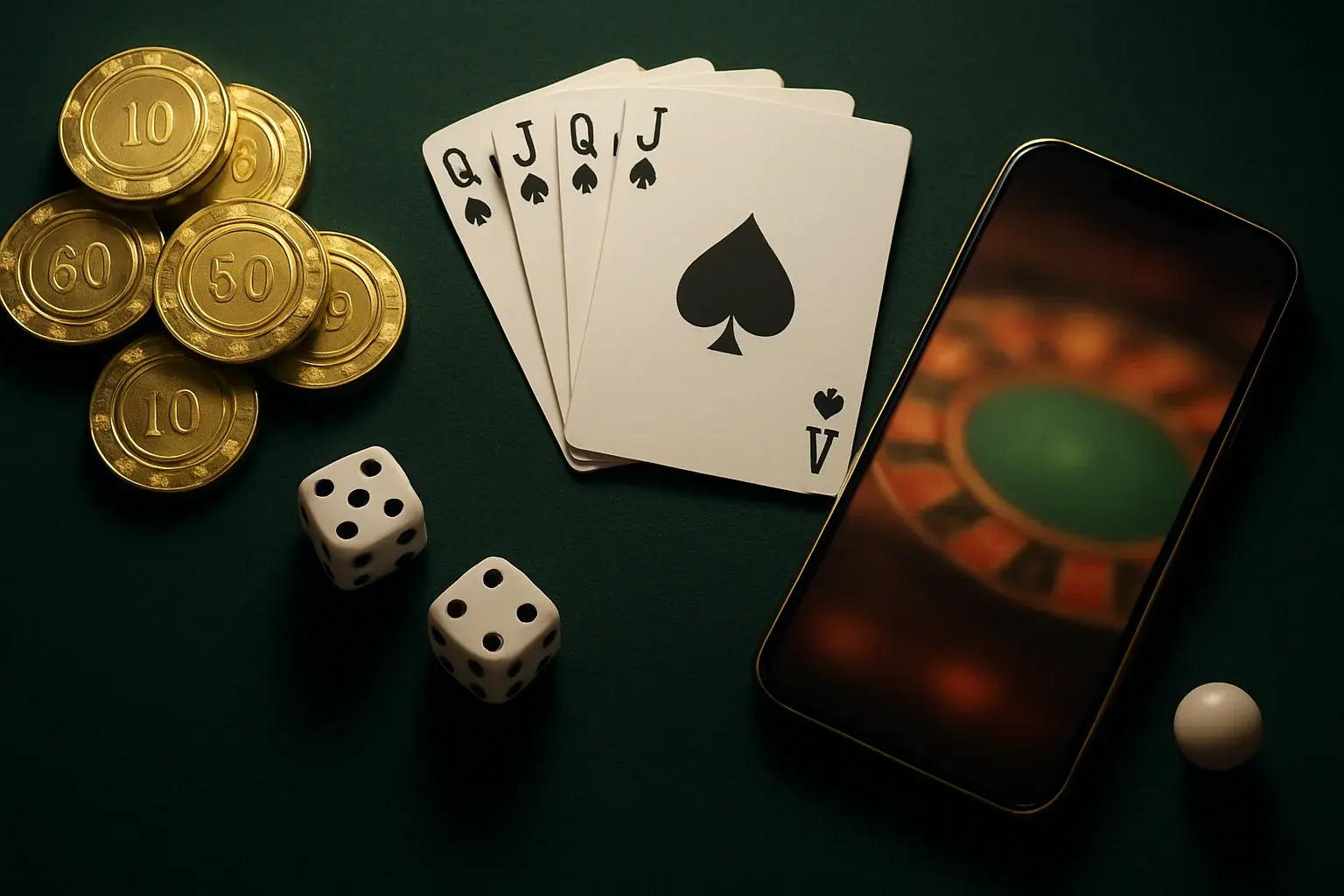 Top-down casino table with gold chips, cards, dice, roulette ball, smartphone
