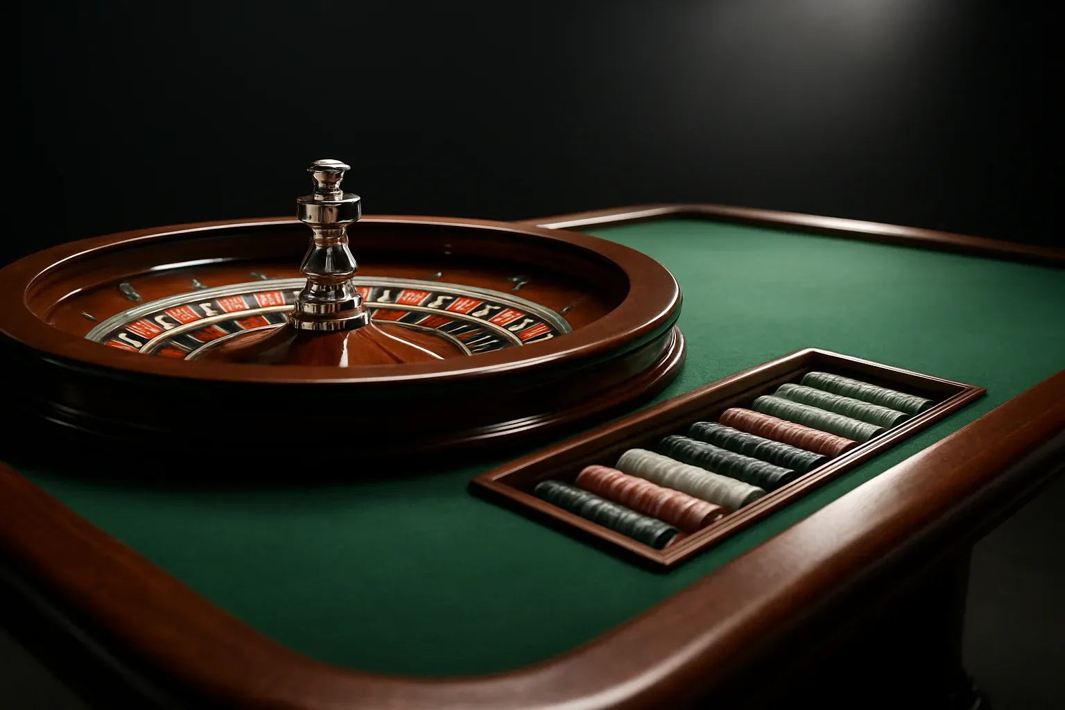 Hyperrealistic live casino studio with empty roulette table and dramatic lighting
