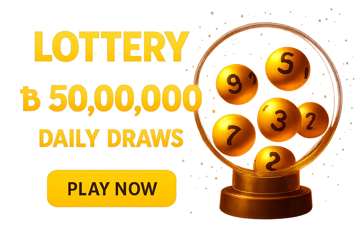 Golden lottery balls tumbling in transparent draw machine promotional banner