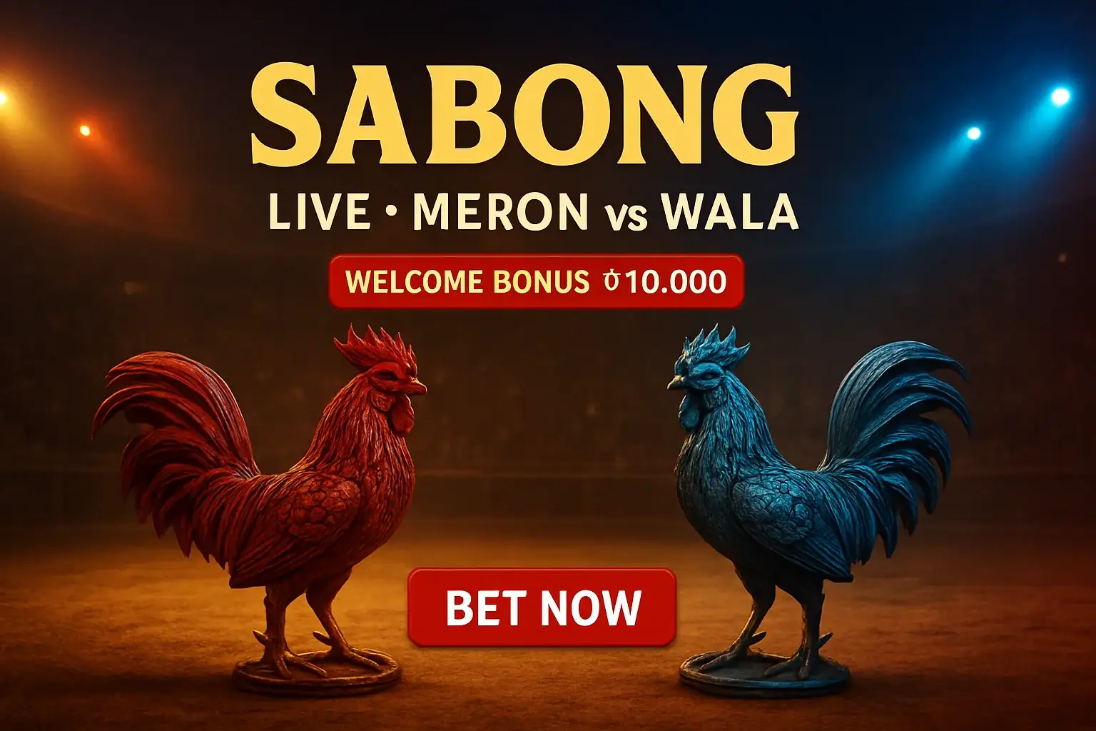 Promotional live sabong banner with decorative rooster figurines and bonus offer