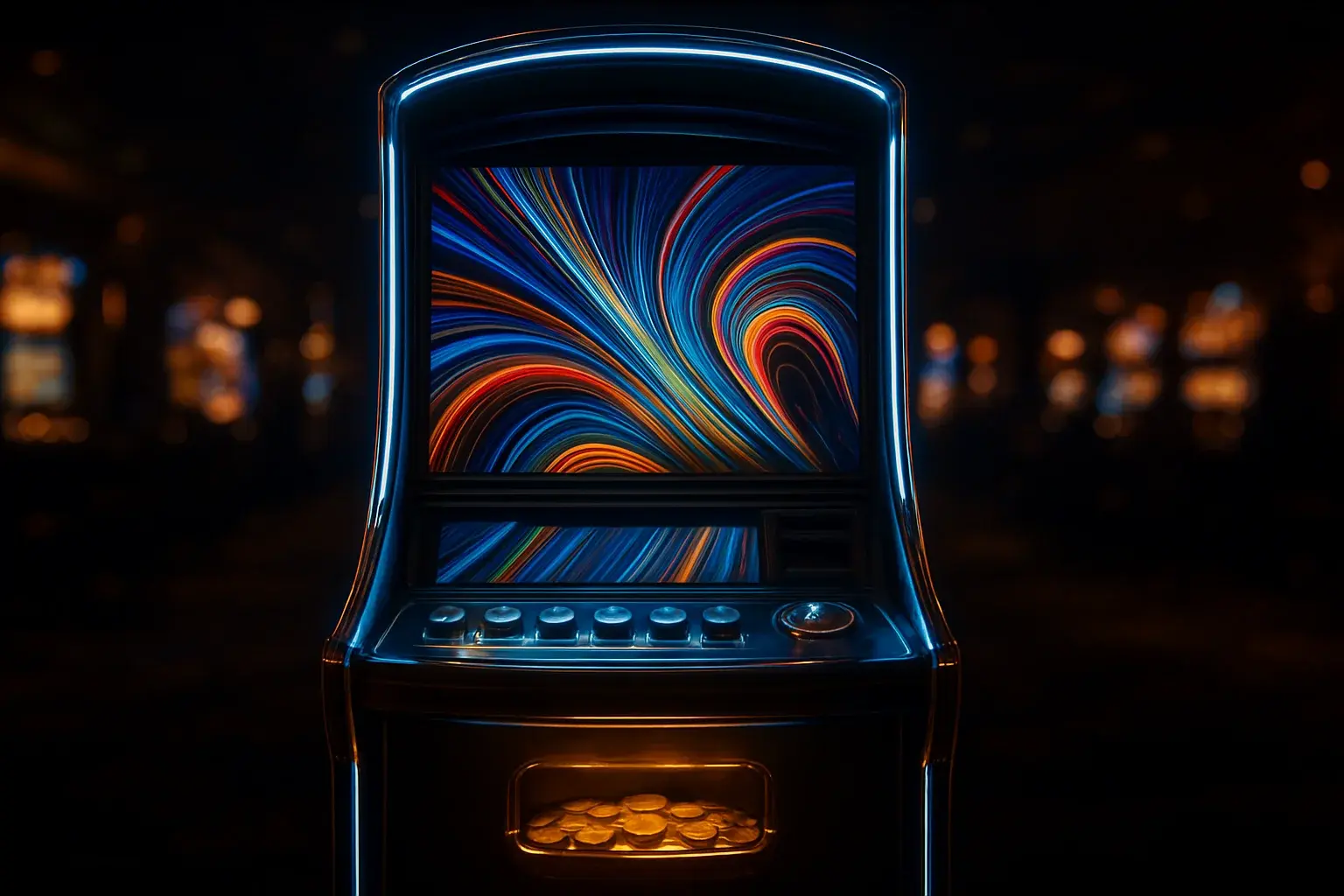 Premium slot machine glowing in dark luxury casino with neon lighting